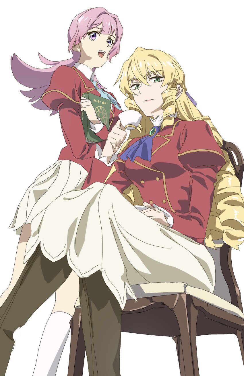 2girls, absurdres, akuyaku_reijou_tensei_ojisan, anna_doll, blonde_hair, crossed_legs, drill_hair, drill_sidelocks