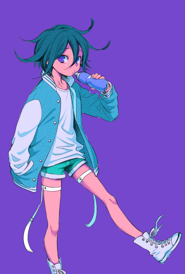 1boy, alternate_costume, black_hair, boots, bottle, buttons, commentary_request, danganronpa_(series)