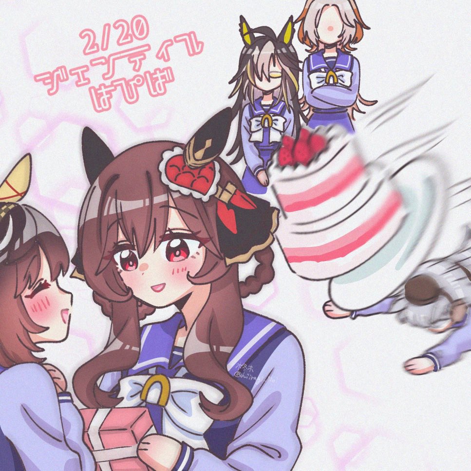 5girls, animal_ears, black_hair, blurry, blurry_background, blush, brown_hair, buena_vista_(umamusume)