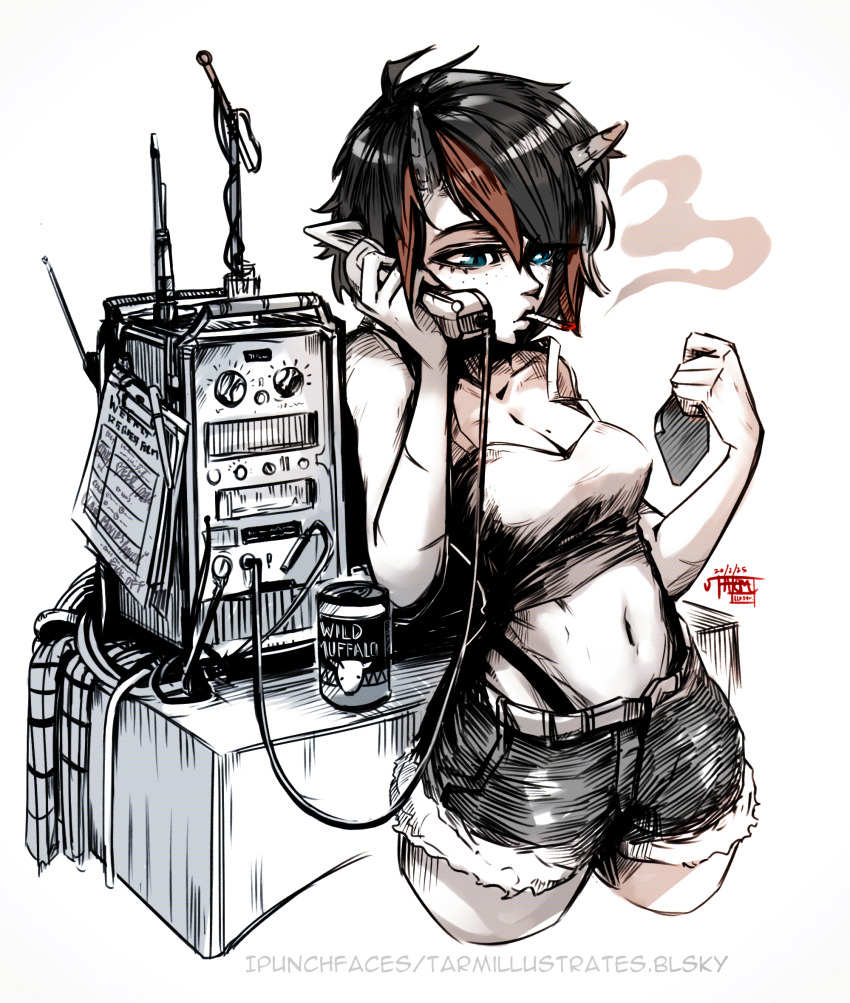 1girl, black_hair, cable, can, cigarette, clipboard, demon_girl, demon_horns