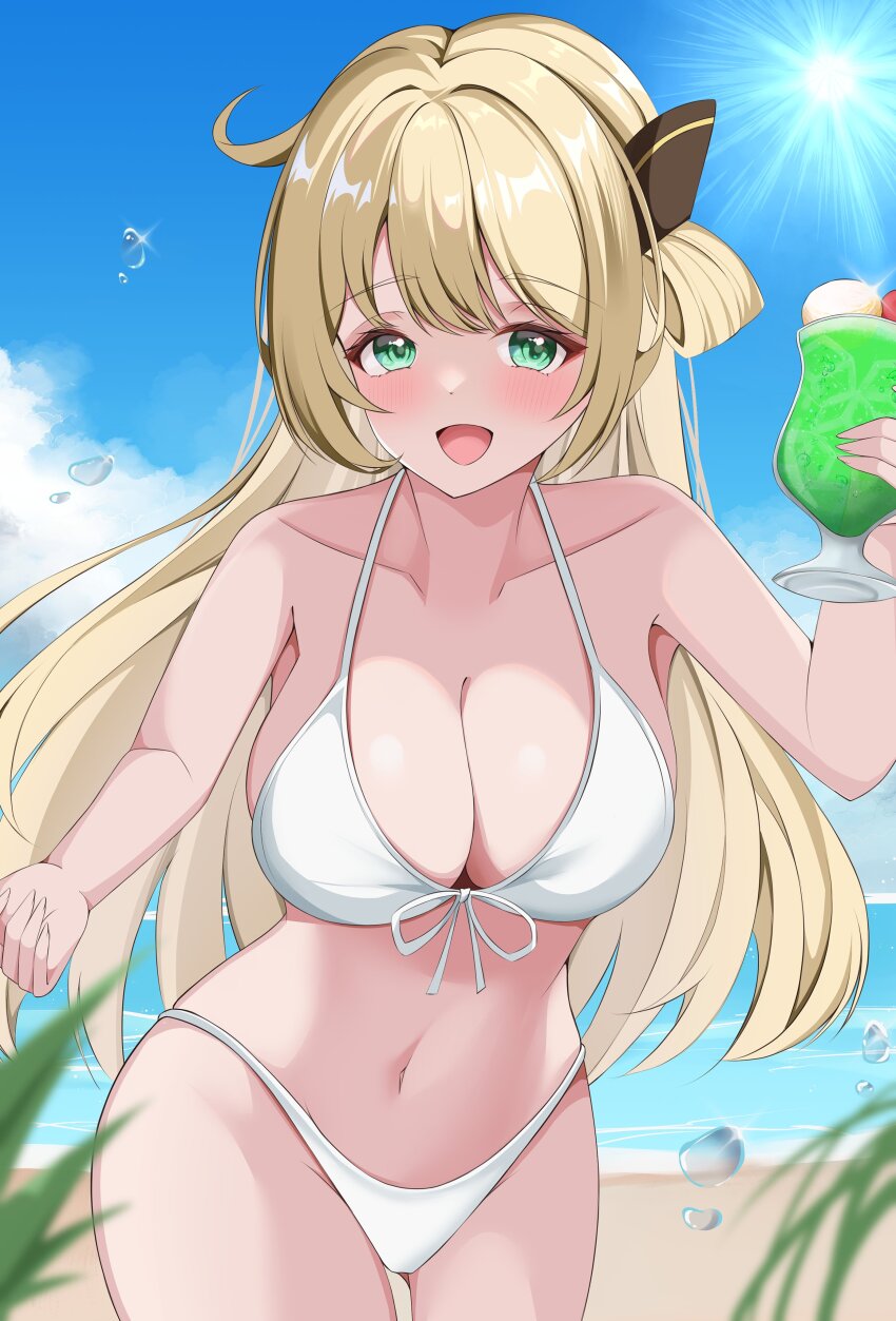 1girl, absurdres, ahoge, bare_shoulders, beach, bikini, blonde_hair, blush, breasts, cleavage, collarbone, cream_soda, cup, duel_monster, front-tie_bikini_top, front-tie_top, green_eyes, hair_ornament, highres, holding, holding_cup, lafremi, large_breasts, long_hair, looking_at_viewer, midriff, navel, open_mouth, sky_striker_ace_-_raye, smile, solo, swimsuit, white_bikini, yu-gi-oh!