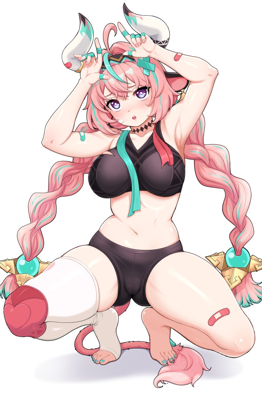 1girl, absurdres, ahoge, animal_ears, aqua_hair, armpits, arms_up, barefoot, bike_shorts, braid, breasts, cow_ears, cow_girl, cow_horns, cow_tail, feet, genshin_impact, highres, horns, large_breasts, long_hair, multicolored_hair, nail_polish, navel, no_shoes, orika_nekoi, pink_hair, purple_eyes, scissors, simple_background, single_thighhigh, skindentation, solo, squatting, streaked_hair, tail, thighhighs, tiptoes, toeless_legwear, toenail_polish, toenails, toes, twin_braids, varesa_(genshin_impact), white_background
