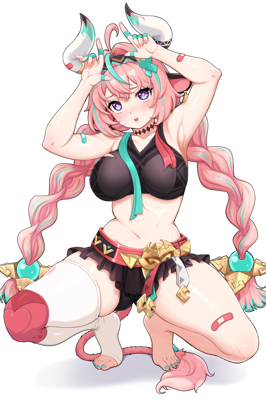 1girl, absurdres, ahoge, animal_ears, aqua_hair, armpits, arms_up, barefoot
