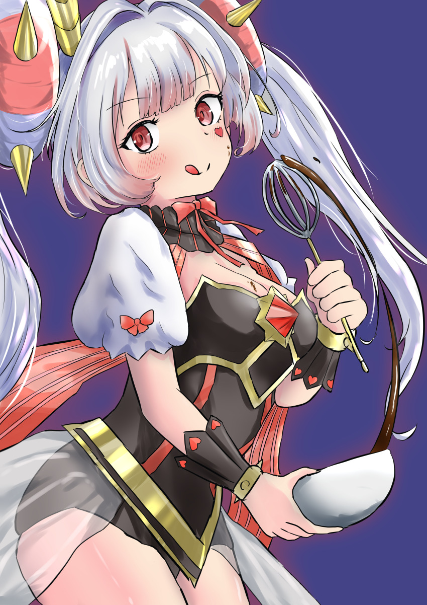 1girl, absurdres, blue_background, blush, bow, bowl, bracelet, breasts