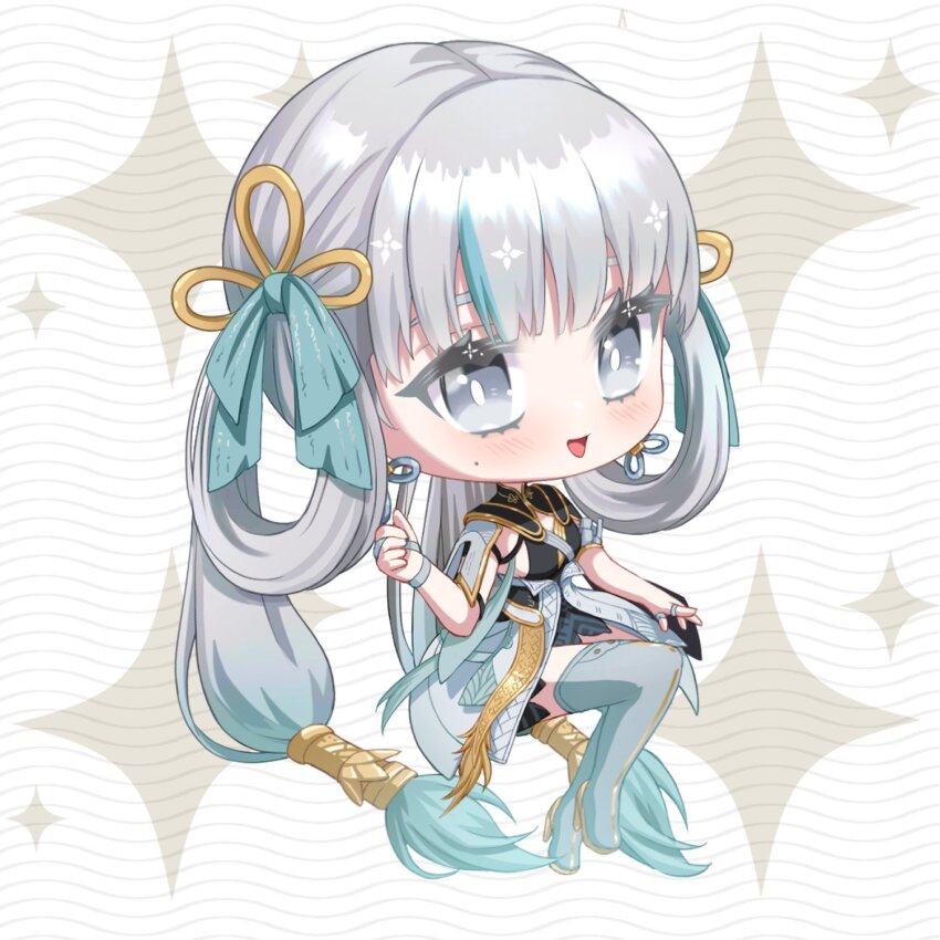 1girl, aqua_bow, black_collar, black_dress, boots, bow, breasts, chibi