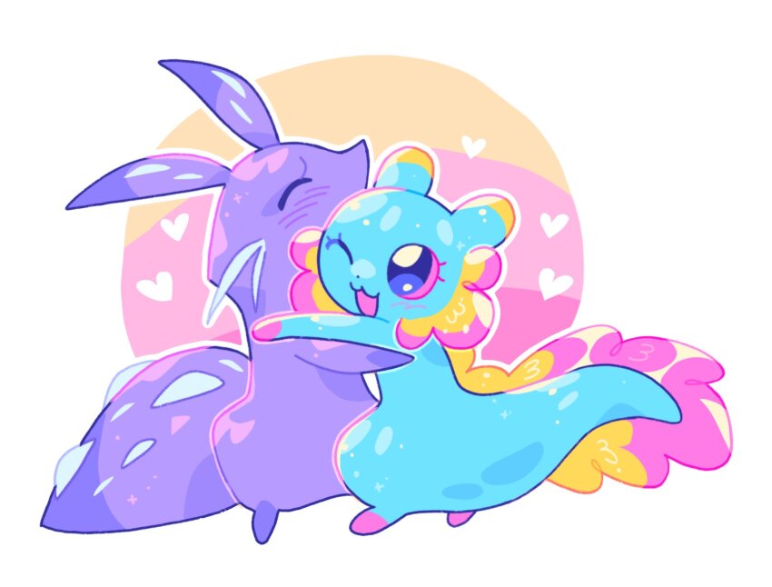 axolotl_ears, axolotl_tail, blue_fur, blush, closed_eyes, colored_sclera, commentary, creature