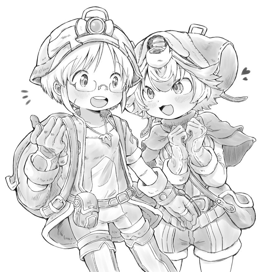 2girls, backpack, bag, belt, belt_buckle, belt_pouch, boots, buckle, capelet, collarbone, commentary_request, crossed_bangs, glasses, gloves, greyscale, hair_between_eyes, hair_flaps, helmet, highres, jacket, jewelry, kiwami_(kiwamimuneko), looking_at_another, made_in_abyss, monochrome, multiple_girls, necklace, open_clothes, open_jacket, open_mouth, parted_bangs, pouch, prushka, riko_(made_in_abyss), semi-rimless_eyewear, shirt, short_hair, short_sleeves, shorts, shoulder_bag, sidelocks, smile, teeth, thigh_boots, under-rim_eyewear, upper_teeth_only