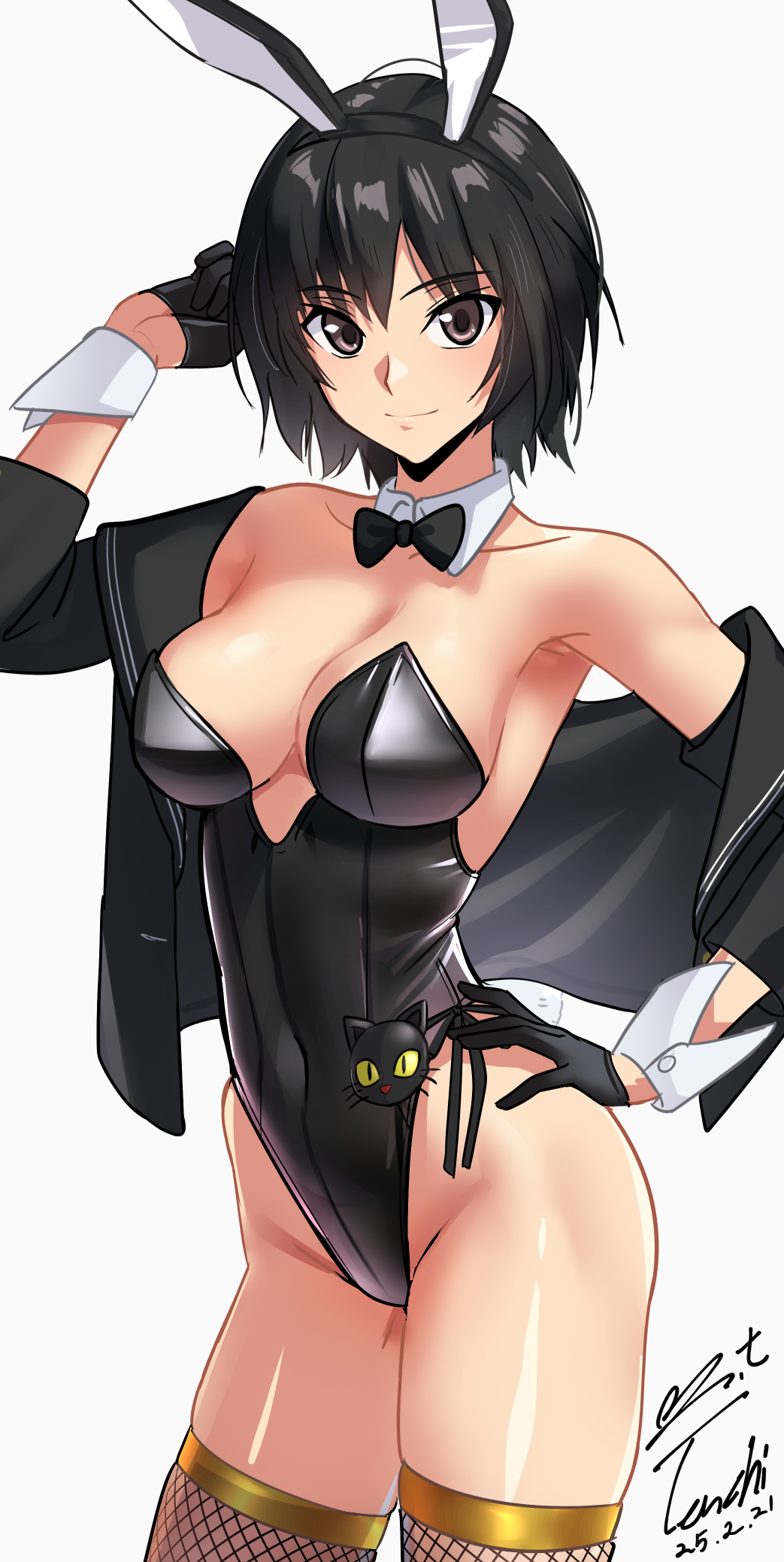 1girl, adapted_costume, amagami, animal_ears, black_bow, black_bowtie, black_eyes, black_gloves, black_hair, black_jacket, black_leotard, black_sailor_collar, blazer, bow, bowtie, breasts, cat_charm, closed_mouth, collar, collarbone, covered_navel, dated, detached_collar, fake_animal_ears, fake_tail, fishnet_thighhighs, fishnets, gloves, groin, hand_on_own_hip, hand_up, highleg, highleg_leotard, highres, jacket, kibito_high_school_uniform, leotard, leotard_under_clothes, long_sleeves, looking_at_viewer, medium_breasts, nanasaki_ai, open_clothes, open_jacket, playboy_bunny, rabbit_ears, rabbit_tail, sailor_collar, school_uniform, short_hair, signature, simple_background, single_bare_shoulder, single_off_shoulder, solo, standing, strapless, strapless_leotard, tail, thighhighs, traditional_bowtie, white_background, white_collar, white_wrist_cuffs, wrist_cuffs, yoo_tenchi