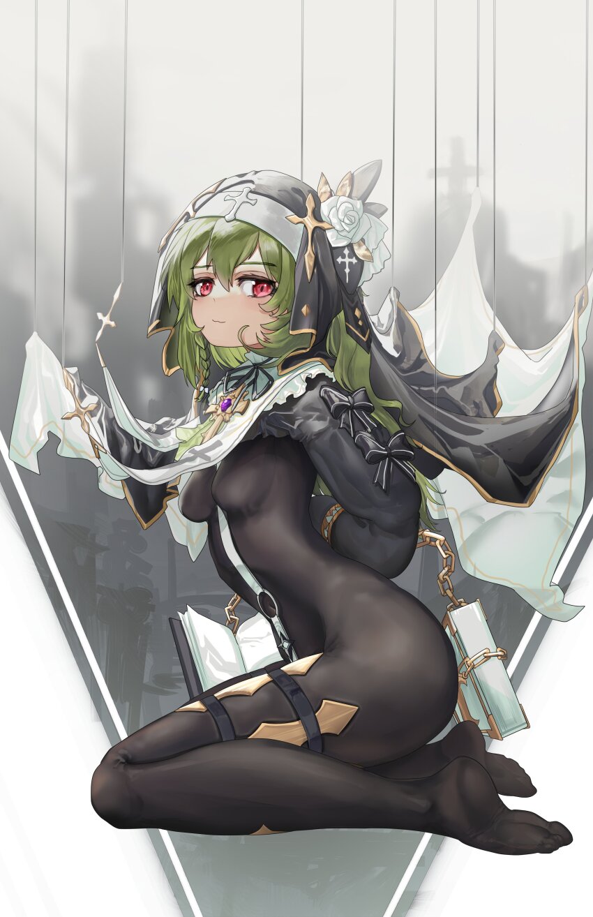 1girl, absurdres, arms_behind_back, bodystocking, book, breasts, chain, closed_mouth