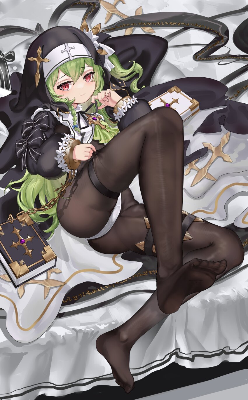 1girl, absurdres, ass, black_dress, bodystocking, book, bow, chain, closed_mouth, commission, cross, crotch_strap, dress, feet, full_body, green_hair, hair_between_eyes, highres, huanxiang_koudai_meow, jewelry, leg_up, long_hair, long_sleeves, looking_at_viewer, lying, no_shoes, nun, on_back, original, pocketfans, puffy_sleeves, red_eyes, second-party_source, soles, solo, thigh_strap, thighs, toes