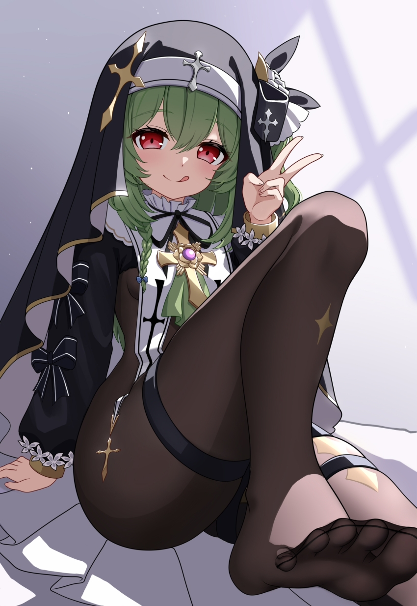 1girl, :q, arm_support, bodystocking, bow, braid, breasts, closed_mouth