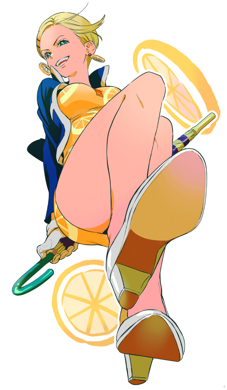 1girl, blonde_hair, commentary_request, dress, earrings, food, food-themed_earrings, food_print, food_themed_earrings, from_below, fruit, fruit_print, full_body, high_collar, high_heels, highres, jewelry, lemon, lemon_earrings, lemon_print, lemon_slice, looking_at_viewer, miss_valentine, one_piece, shoes, short_dress, short_hair, simple_background, smile, solo, sukehige, white_background, white_shoes