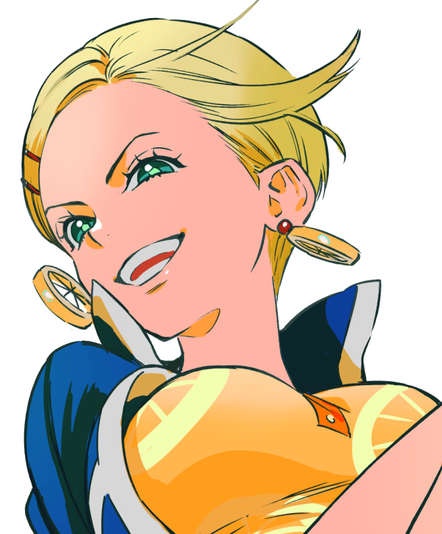 1girl, aqua_eyes, blonde_hair, close-up, commentary_request, dress, earrings, food-themed_earrings