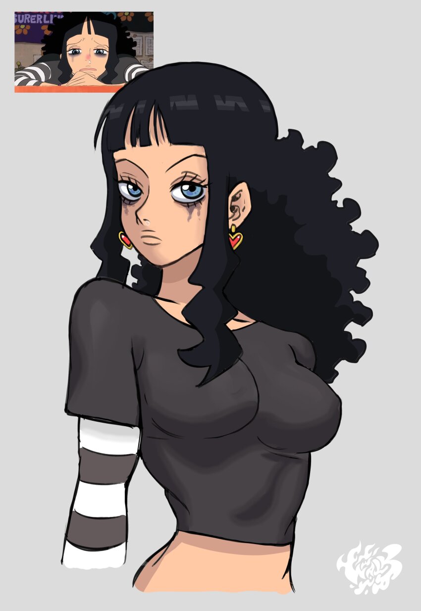 1girl, absurdres, black_hair, blue_eyes, blunt_bangs, bookstore_part-timer, commentary, cropped_torso, dwalkn, earrings, english_commentary, eyelashes, heart, heart_earrings, highres, jewelry, looking_at_viewer, makeup, one_piece, one_piece_fan_letter, photo-referenced, ponytail, runny_makeup, sidelocks, solo, watermark