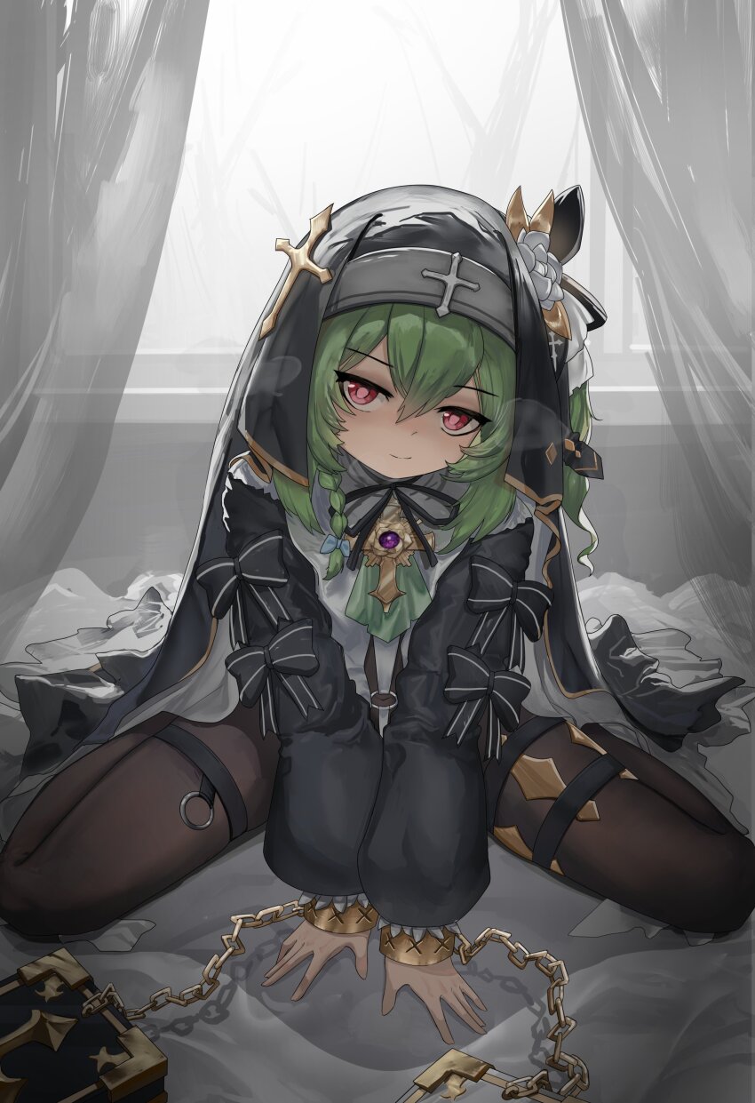 1girl, absurdres, arm_support, between_legs, black_sleeves, bodystocking, book, bow