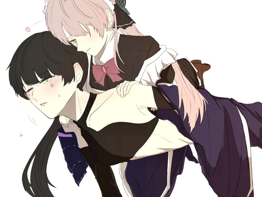 2girls, armor, black_hair, blunt_bangs, blush, carrying, collarbone, green_eyes