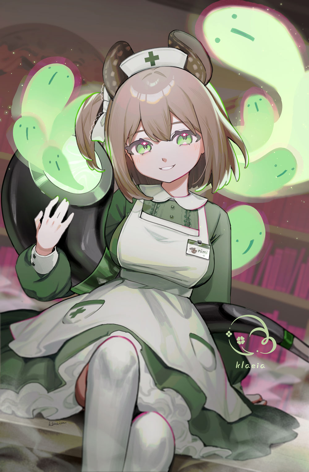 1girl, animal_ears, apron, artist_name, breasts, brown_hair, commentary, dress