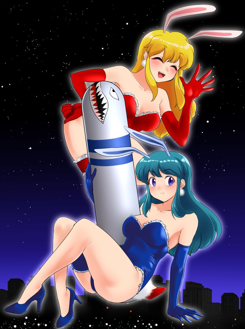 2girls, absurdres, akane_(parodius), animal_ears, apron, blonde_hair, blue_eyes, blue_gloves