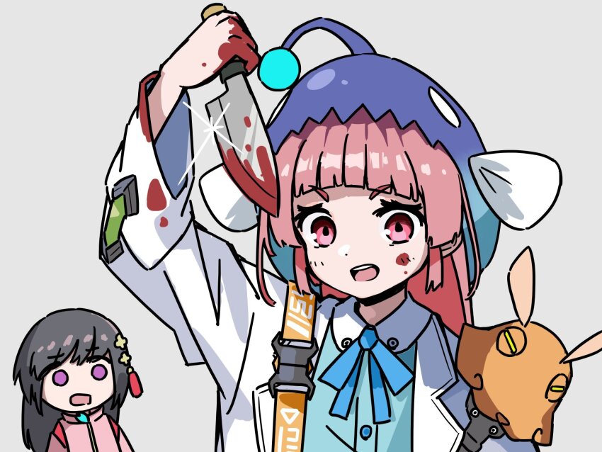 2girls, anglerfish_costume, blood, blood_on_clothes, blood_on_face, blood_on_hands, bloody_knife, blue_ribbon