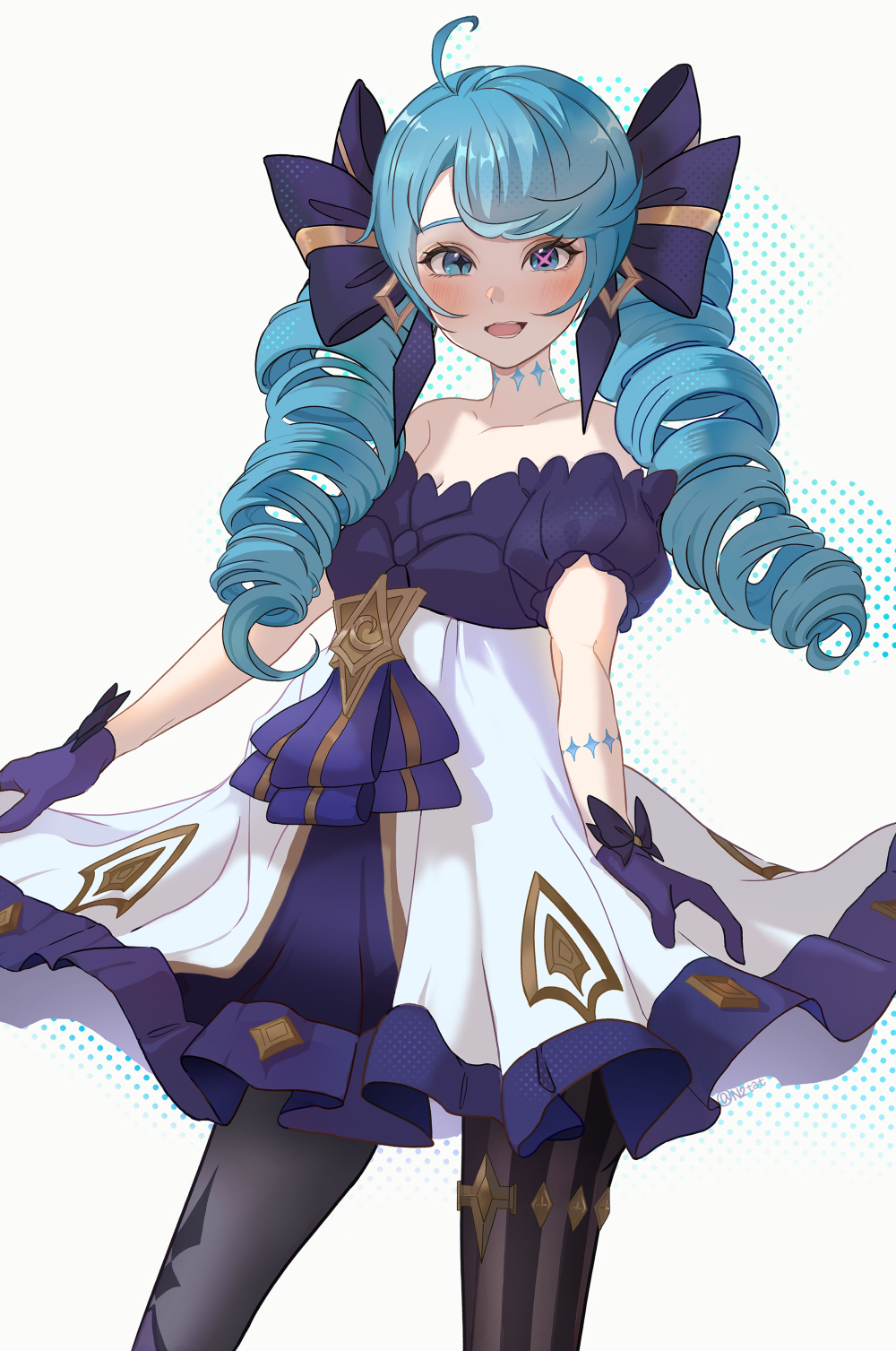 1girl, :d, ahoge, bare_shoulders, black_bow, black_gloves, black_pantyhose, blush, bow, breasts, collarbone, cowboy_shot, dress, drill_hair, gloves, green_eyes, green_hair, gwen_(league_of_legends), hair_bow, highres, league_of_legends, long_hair, medium_breasts, n2tat, open_mouth, pantyhose, puffy_short_sleeves, puffy_sleeves, purple_dress, short_sleeves, smile, solo, striped_clothes, striped_pantyhose, twin_drills, twintails, white_dress