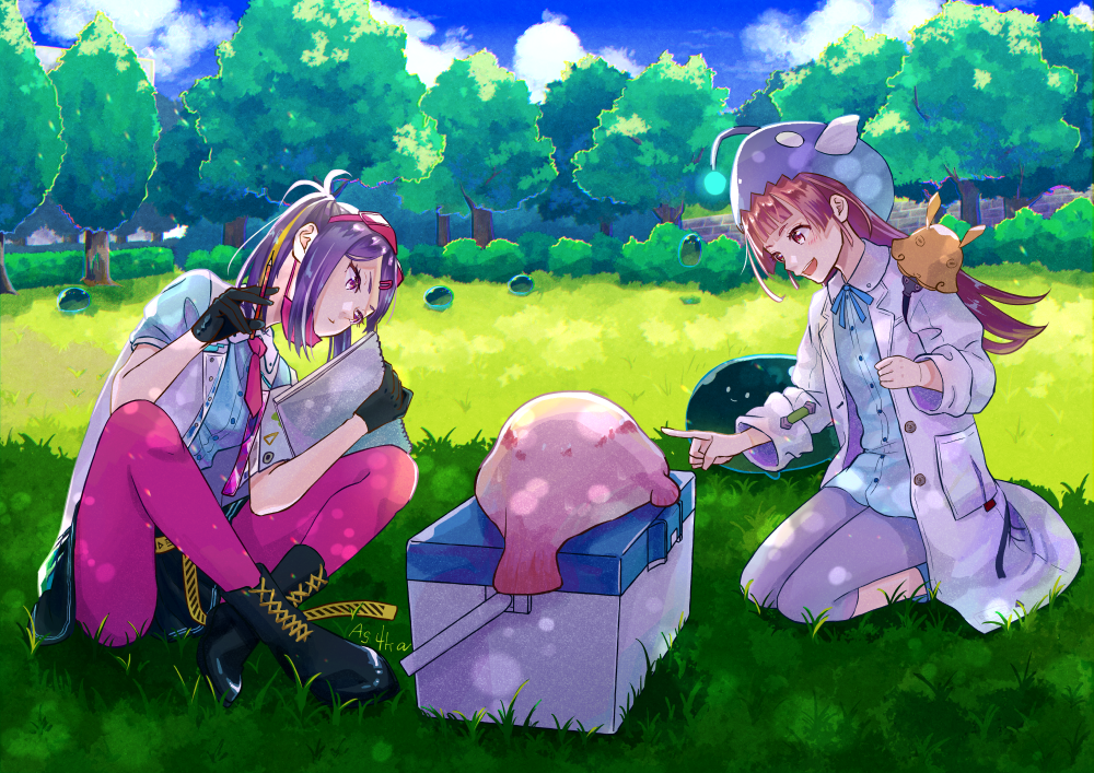 2girls, ahoge, anglerfish_costume, bike_shorts, black_gloves, blue_sky, blunt_bangs, cloud