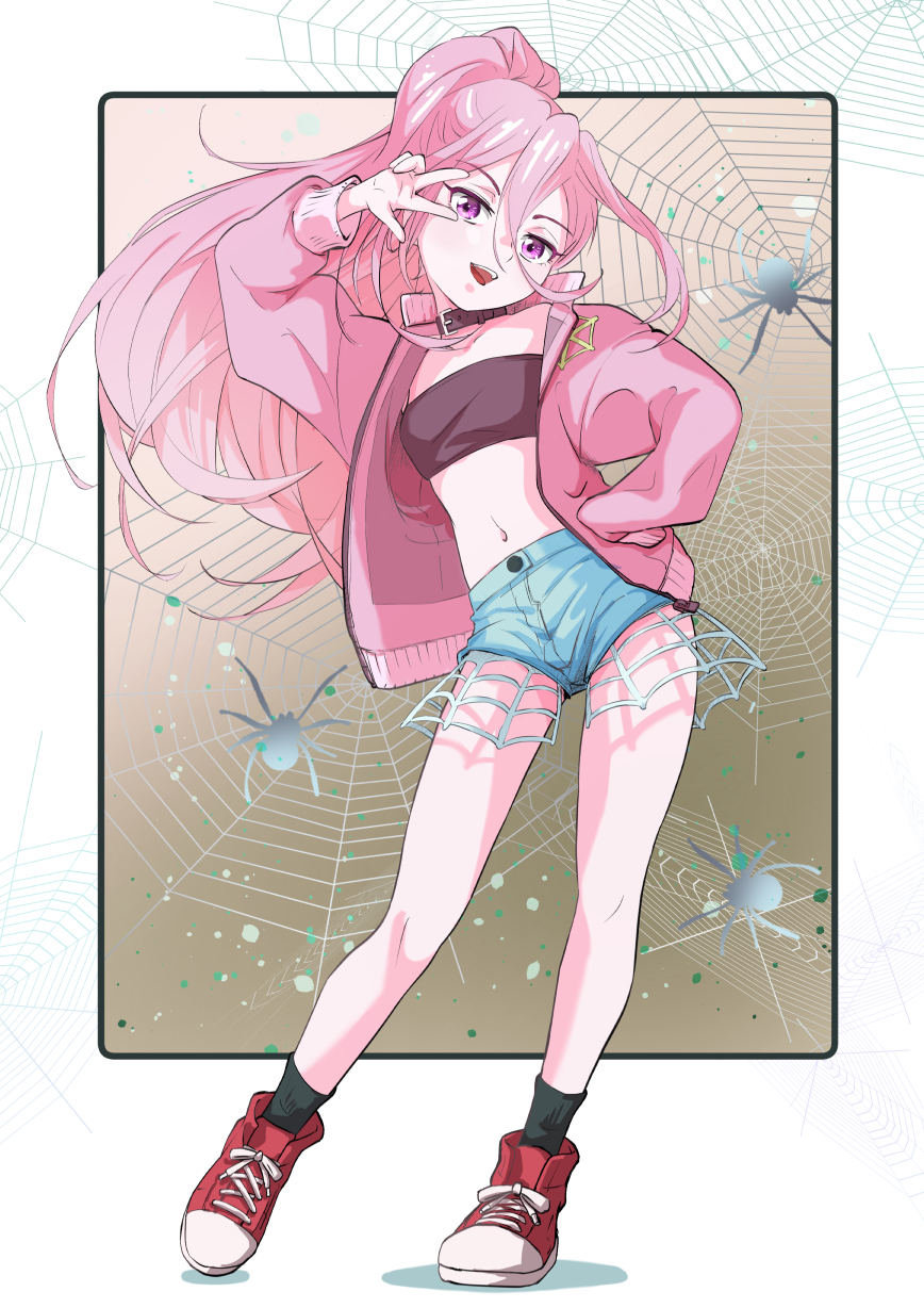 1girl, arakan, breasts, bug, commentary_request, commission, crop_top, denim