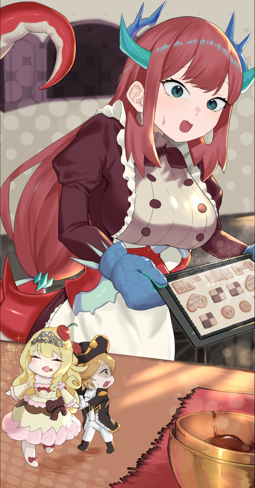 1boy, 2girls, absurdres, apron, blonde_hair, blue_eyes, blue_gloves, blue_horns