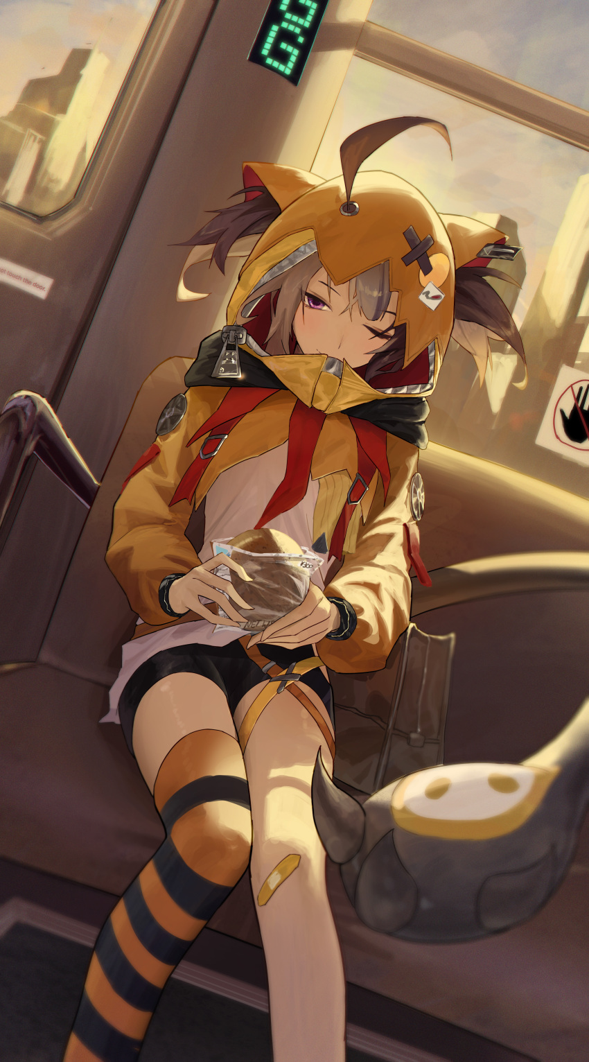 1girl, absurdres, brown_hair, commentary, food, gigi_murin, highres, holding
