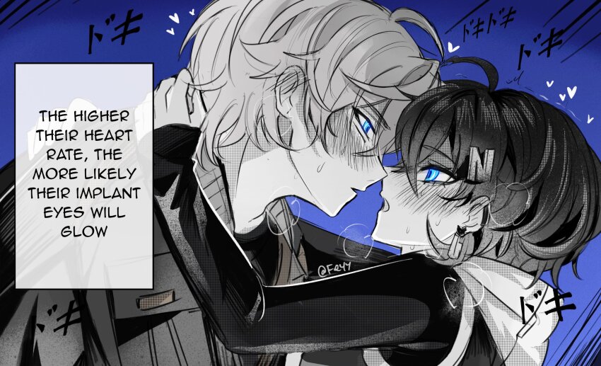 1boy, 1girl, ahoge, ahoges_touching, belle_(zenless_zone_zero), blue_background, blush, commentary, ear_blush, english_commentary, english_text, felichiii, glowing, glowing_eyes, heart, heavy_breathing, height_difference, hetero, highres, hood, hoodie, hug, imminent_kiss, incest, long_sleeves, ringed_eyes, short_hair, sweat, twitter_username, upper_body, wise_(zenless_zone_zero), zenless_zone_zero