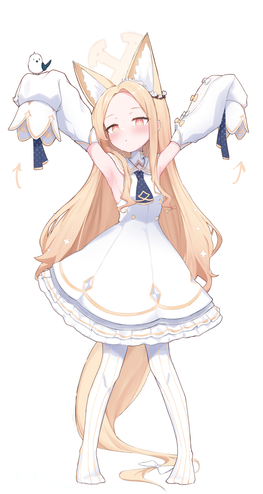 1girl, absurdres, animal_ears, armpits, arms_up, blonde_hair, blue_archive, blush