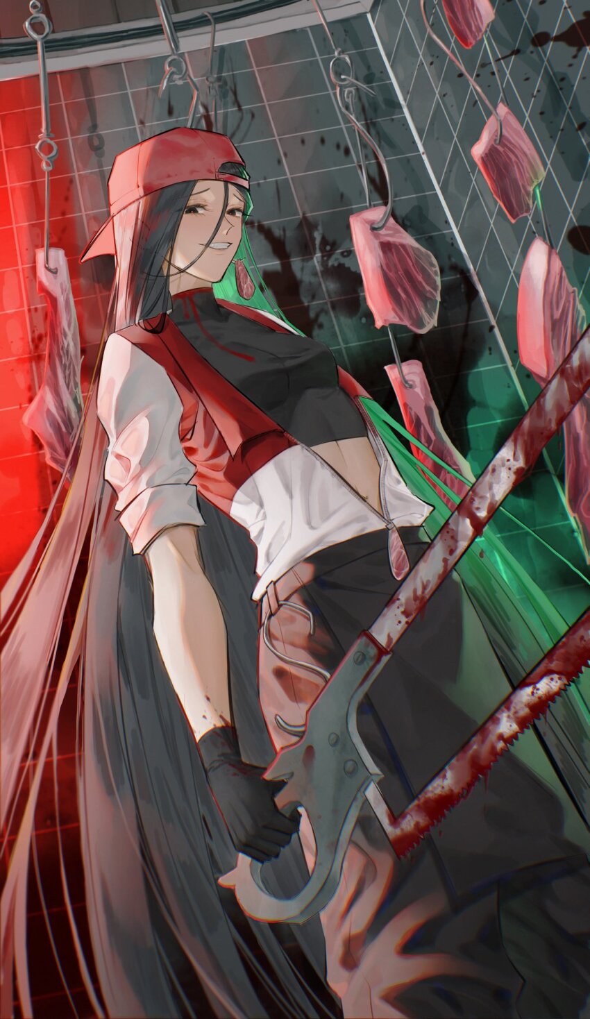 1girl, backwards_hat, baseball_cap, black_eyes, black_gloves, black_hair, black_pants, black_shirt