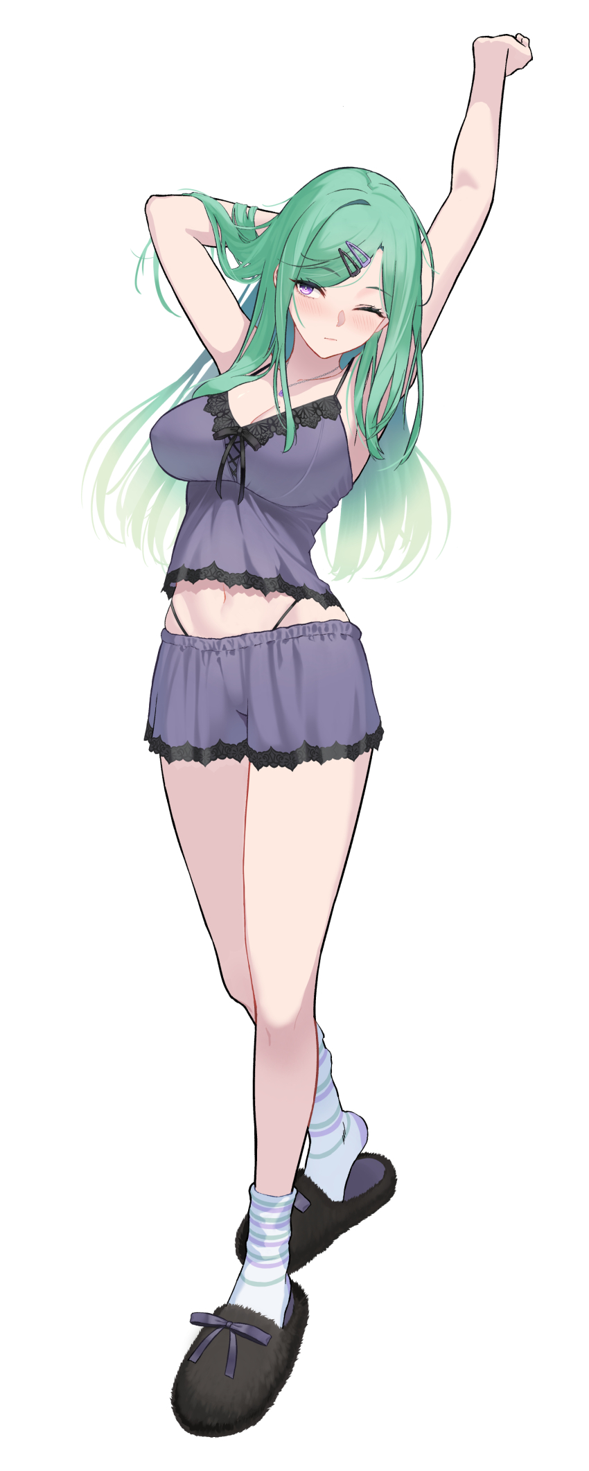 1girl, absurdres, arm_behind_head, arm_up, averting_eyes, black_slippers, breasts, cleavage