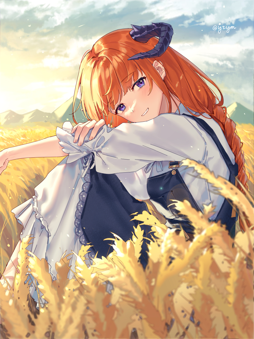 1girl, absurdres, arknights, artist_name, bagpipe_(arknights), bagpipe_(echo_of_bagpipes)_(arknights), blue_eyes, blue_overalls