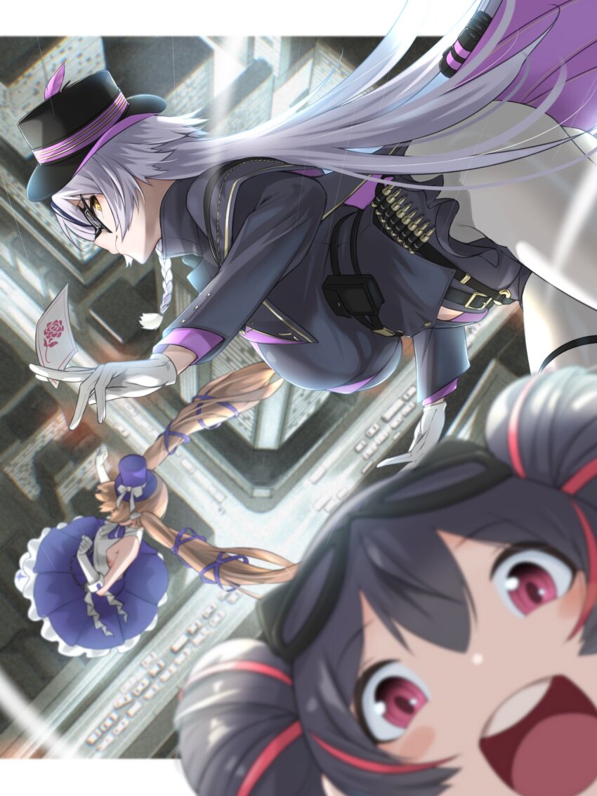 3girls, black_hair, breasts, brown_hair, building, car, city, double_bun