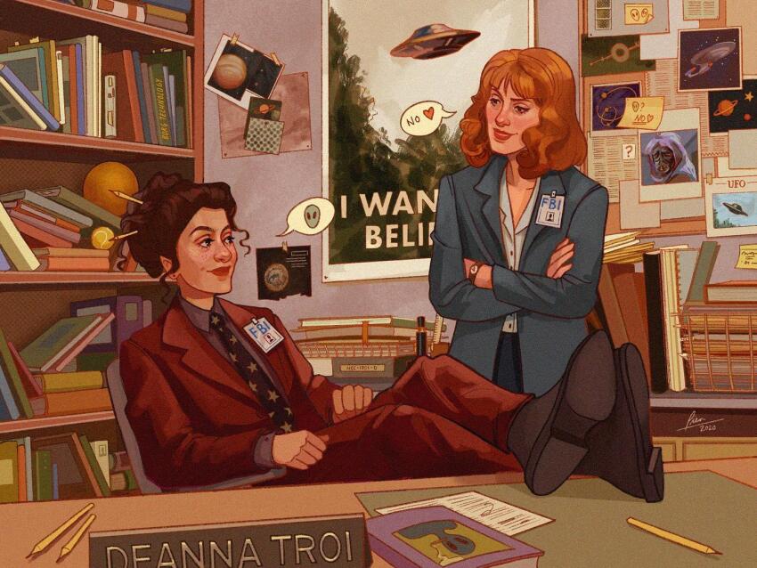 2girls, alien, book, book_stack, chair, character_request, cosplay, dana_scully