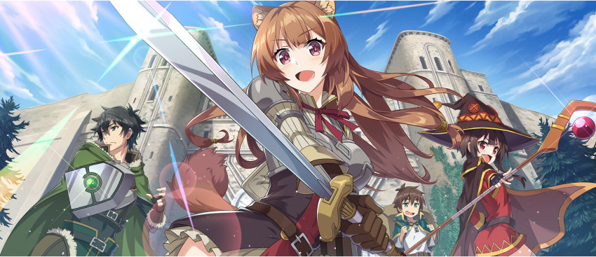 2boys, 2girls, animal_ear_fluff, animal_ears, arm_guards, arm_shield, armor, backpack