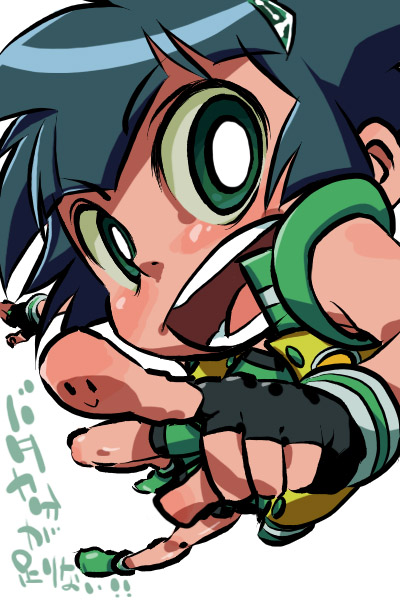 00s, 1girl, black_gloves, black_hair, blunt_bangs, blush, female_focus, fingerless_gloves, foreshortening, full_body, gloves, green_eyes, japanese_text, jumping, k2dora-chan, looking_at_viewer, matsubara_kaoru, pointing, pointing_at_viewer, powered_buttercup, powerpuff_girls, powerpuff_girls_z, short_hair, simple_background, smiley_face, solo, translated, white_background