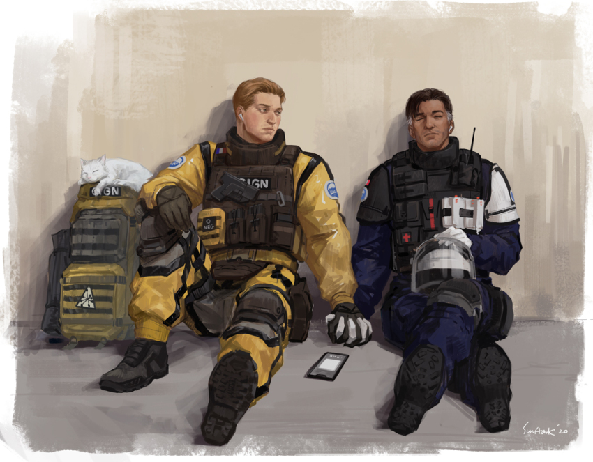 2boys, arm_on_knee, belt_pouch, black_gloves, black_hair, blonde_hair, blue_pants, boots