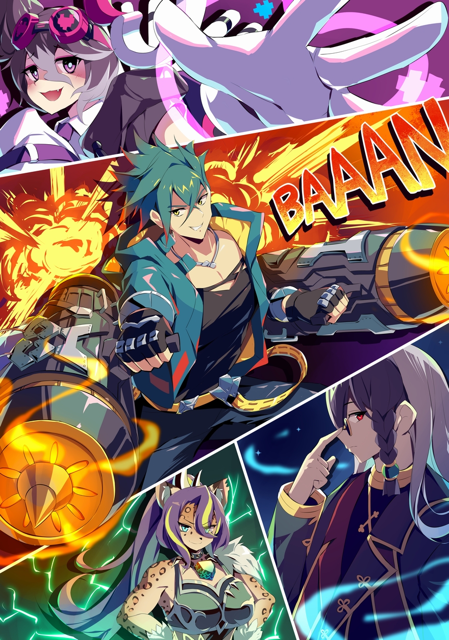 2boys, 2girls, black_hair, black_shirt, blue_eyes, blue_jacket, body_fur, breasts