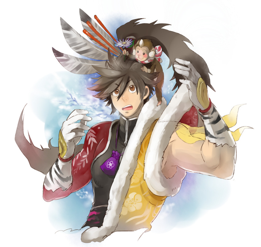 1boy, animal_print, bad_id, bad_pixiv_id, brown_eyes, brown_hair, elbow_gloves, feathers, floral_print, flower, fur_trim, gloves, gradient_background, hair_flower, hair_ornament, long_hair, looking_up, maeda_keiji_(sengoku_basara), male_focus, mikami, monkey, muscular, outdoors, ponytail, pouch, sengoku_basara, skin_tight, sky, solo, tiger_print, white_background, yumekichi