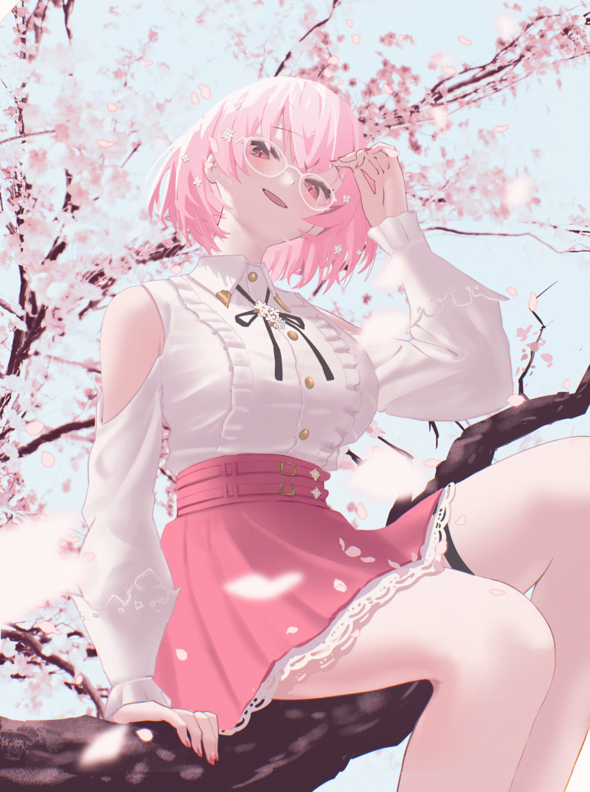 1girl, absurdres, arm_support, breasts, buttons, center_frills, cherry_blossoms, clothing_cutout