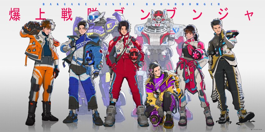 1girl, 5boys, absurdres, adapted_costume, akuse_jou, bakuage_sentai_boonboomger, black_hair, boots