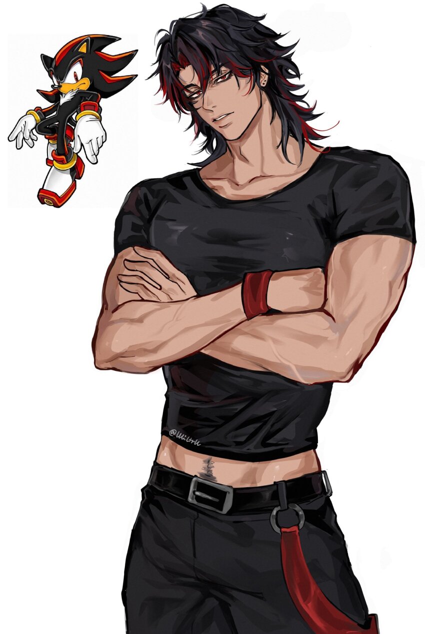 1boy, belt, belt_buckle, black_belt, black_hair, black_pants, black_shirt, buckle