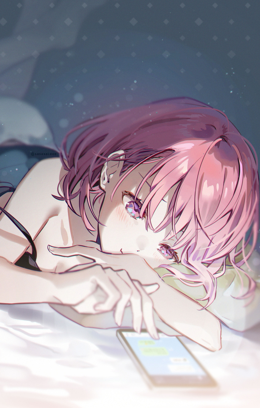 1girl, absurdres, bed_sheet, blurry, blurry_background, blush, bokeh, breasts