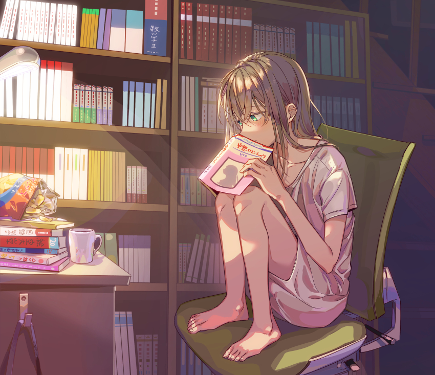 1girl, absurdres, bag_of_chips, barefoot, book, book_stack, bookshelf, brown_hair