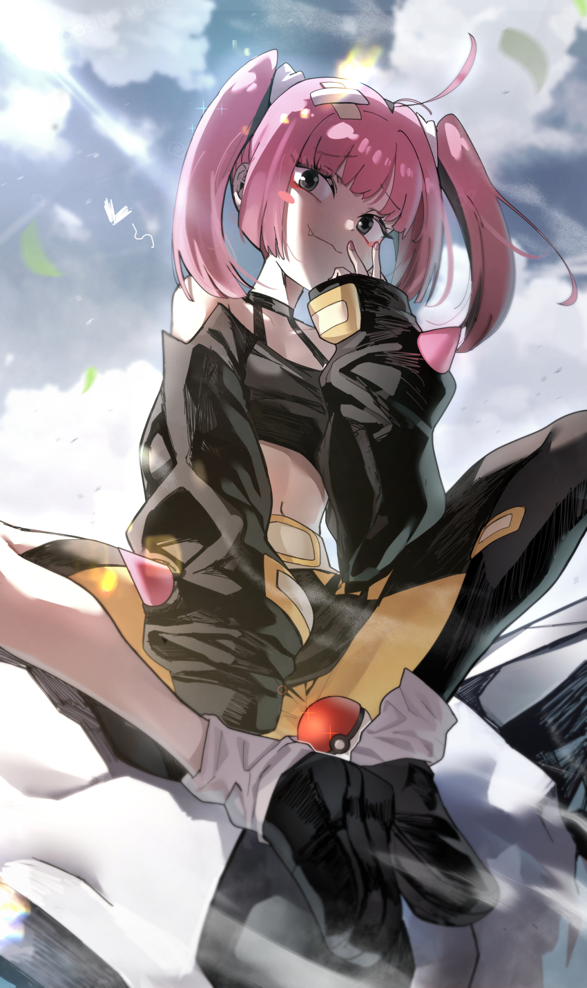 1girl, absurdres, belt, black_eyes, black_shoes, blush_stickers, closed_mouth, cloud, commentary_request, coral_(pokemon), day, hair_ornament, hand_up, heart, highres, hyeongang, long_sleeves, nail_polish, navel, nintendo, outdoors, pink_hair, pink_nails, poke_ball, poke_ball_(basic), pokemon, pokemon_(anime), pokemon_horizons, shoes, skirt, sky, sleeves_past_wrists, smile, socks, solo, twintails, v