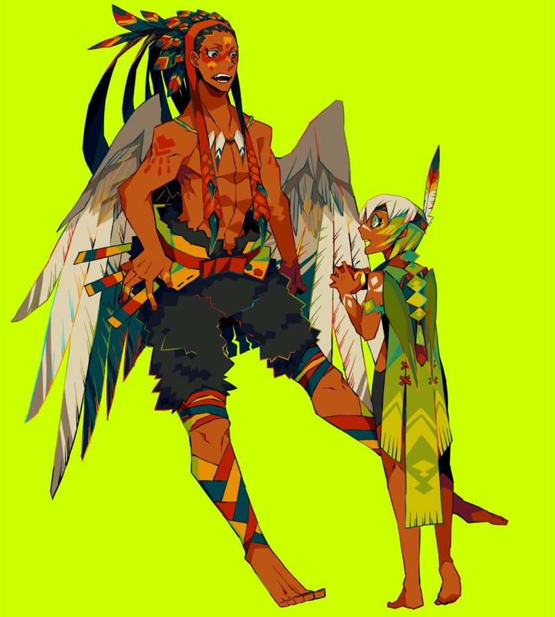 1boy, 1girl, barefoot, bird_wings, black_eyes, black_hair, brown_wings, dark-skinned_female