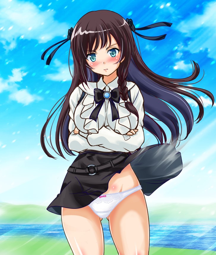 1girl, alina_clover, arms_under_breasts, black_bow, black_bowtie, black_ribbon, black_skirt, blue_eyes