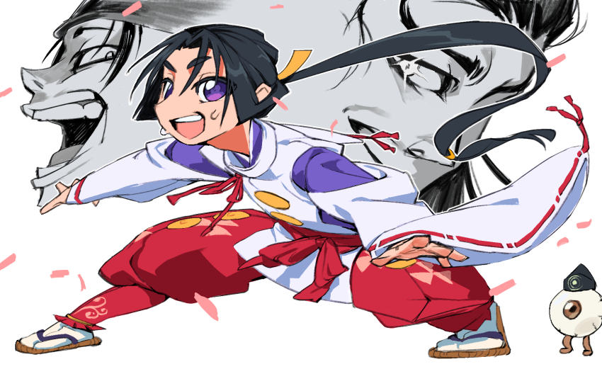 3boys, ashikaga_takauji_(nige_jouzu_no_wakagimi), black_hair, character_request, check_character, closed_mouth, creature, curly_eyebrows