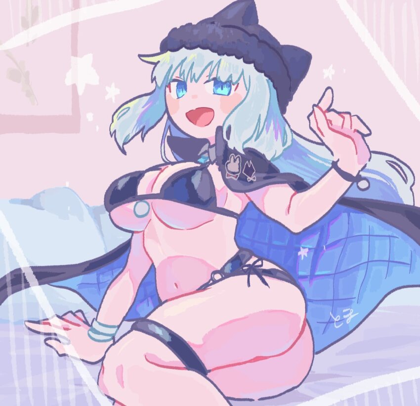 1girl, bikini, black_bikini, black_hat, blue_eyes, breasts, coat, coat_on_shoulders